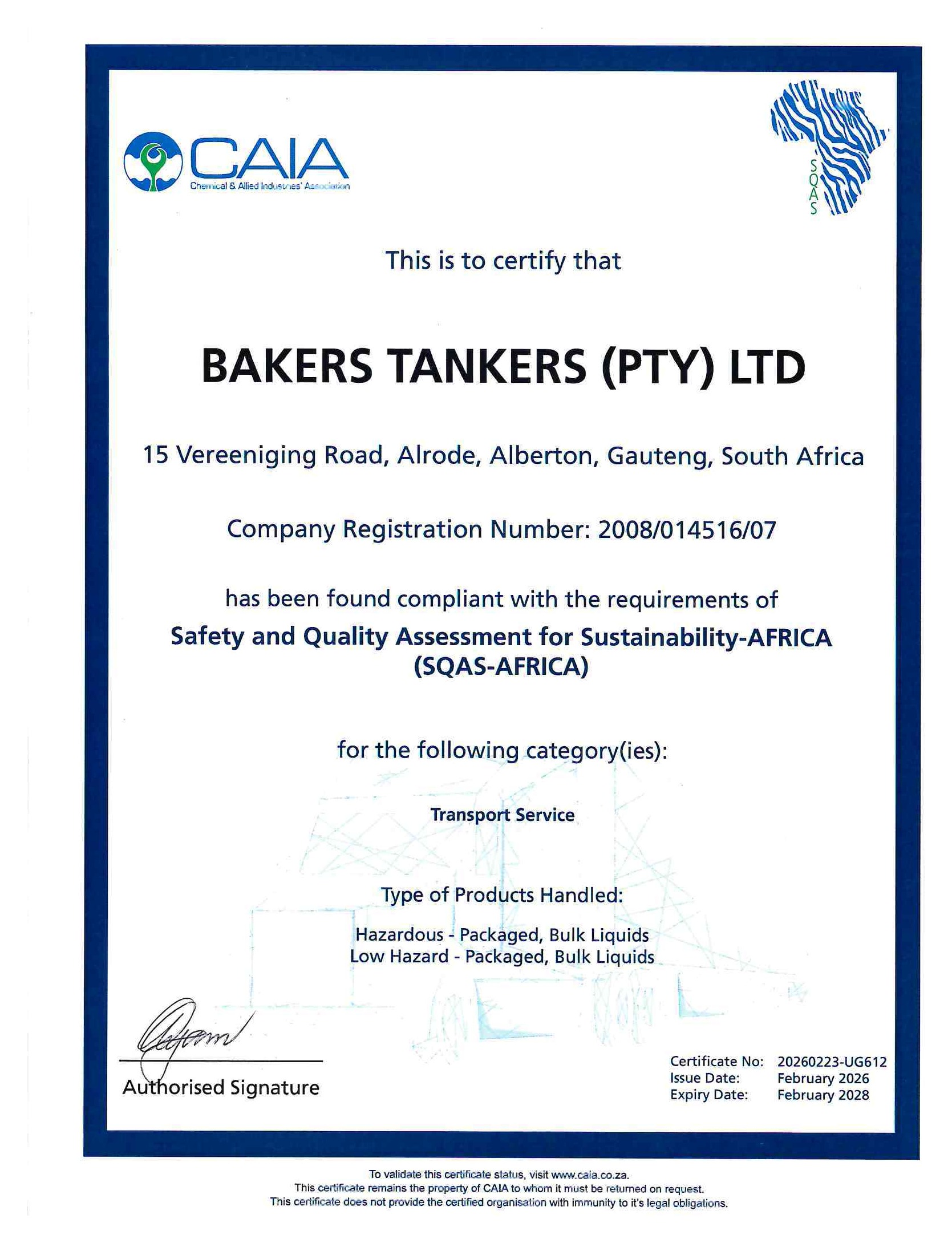 February 2026 SQAS-Africa transport service certificate issued to Bakers Tankers