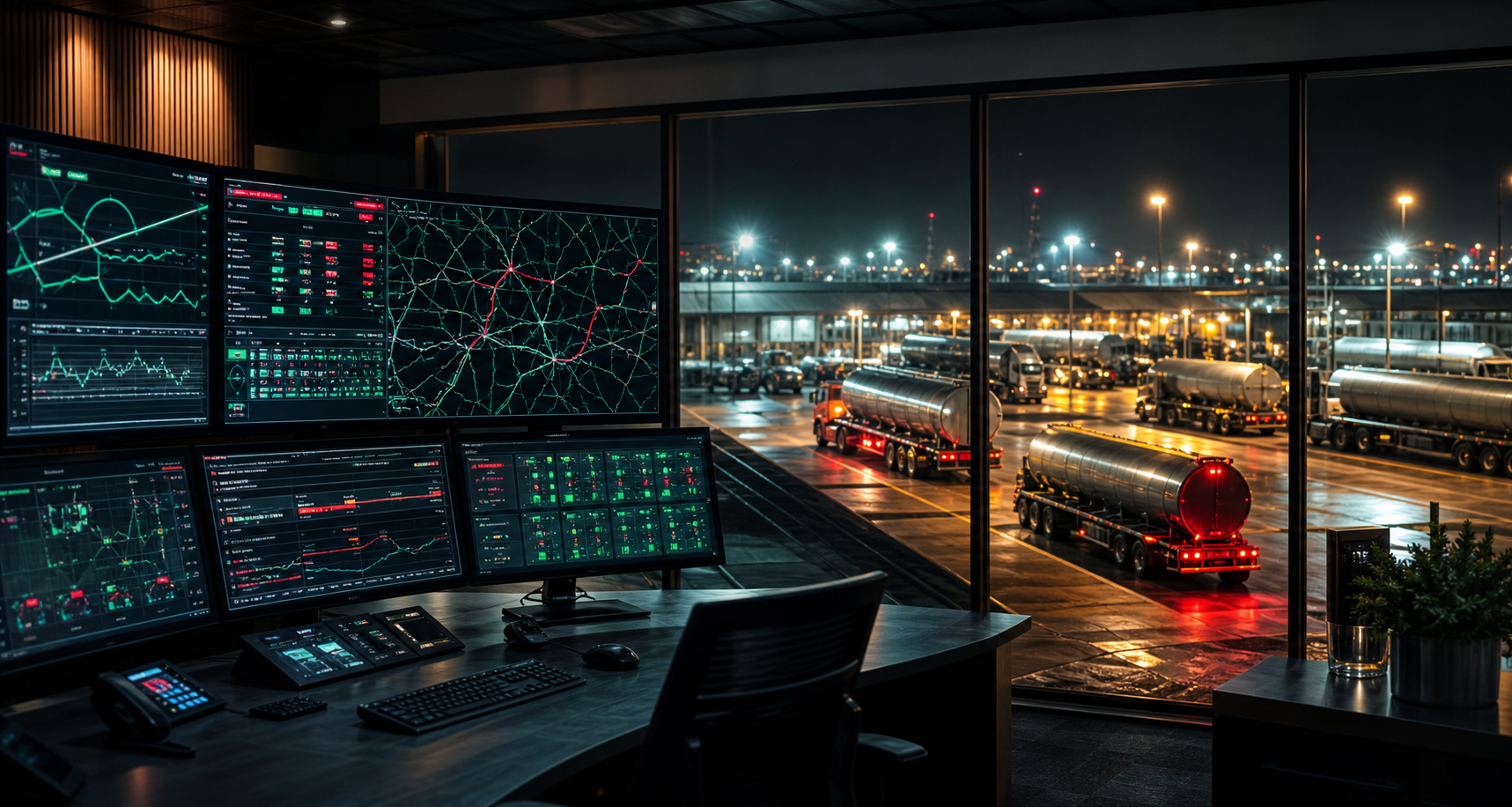Bakers Tankers control room with live tracking dashboards overlooking the depot yard